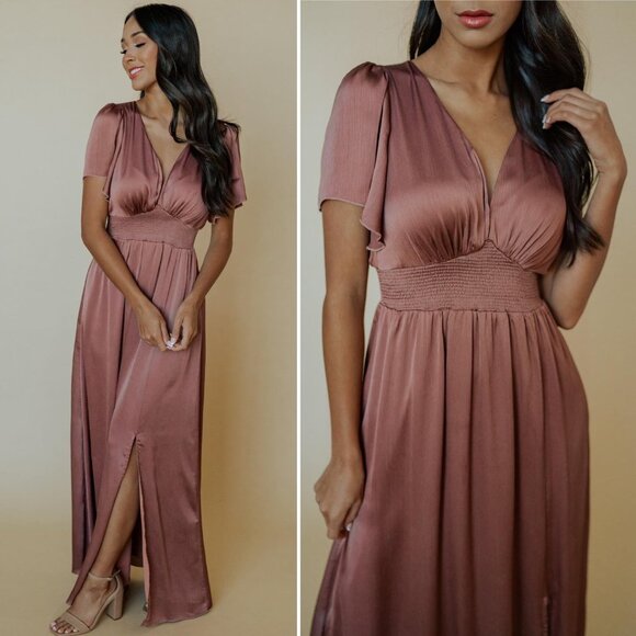 NWT Baltic Born Prague Rosy Brown Satin Maxi Dress Sz L - Picture 1 of 9